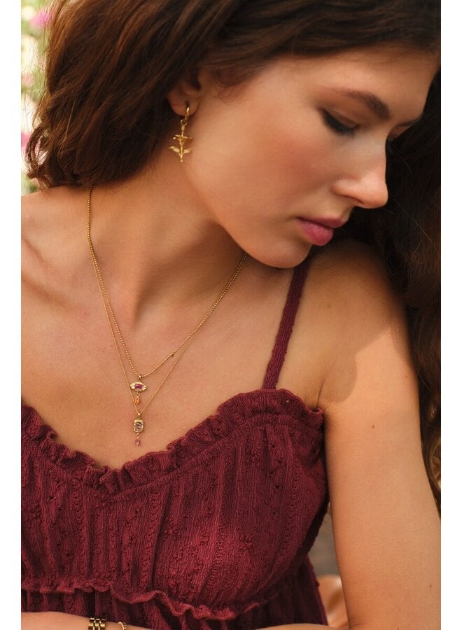 Vintage Ketting met Vierkante Roze Strass Steen Goud
