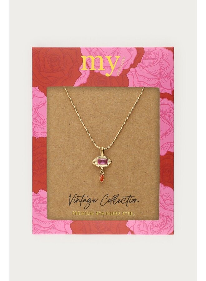 Vintage Ketting met Vierkante Roze Strass Steen Goud