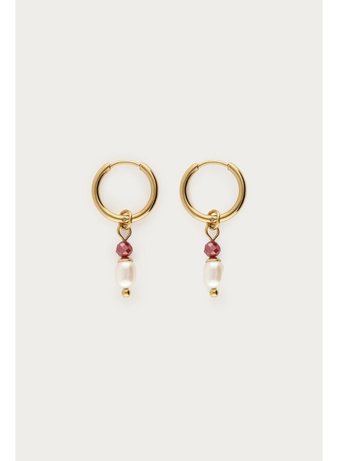 Sunrocks Oorringen met Natuurlijke Parels en Roze Kralen Goud