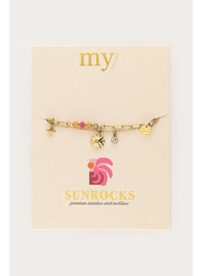Sunrocks Dubbele Armband met Multikleur Kralen en Zon Bedel Goud
