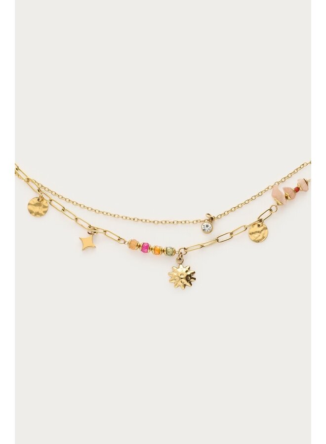 Sunrocks Dubbele Armband met Multikleur Kralen en Zon Bedel Goud