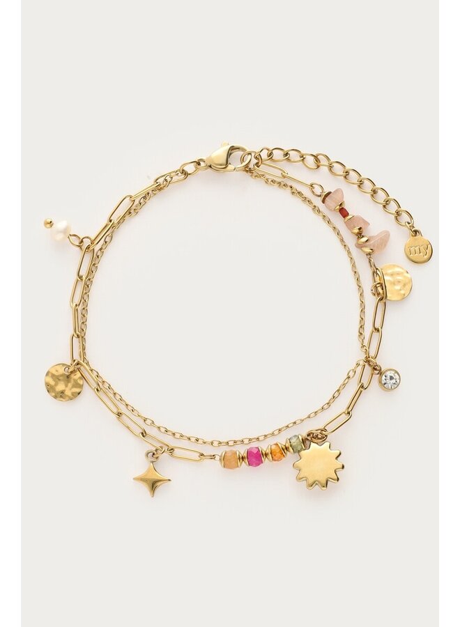 Sunrocks Dubbele Armband met Multikleur Kralen en Zon Bedel Goud