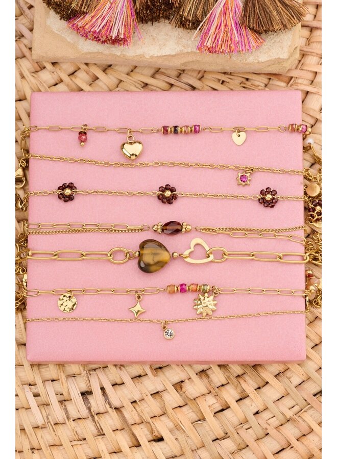 Sunrocks Dubbele Armband met Multikleur Kralen en Zon Bedel Goud