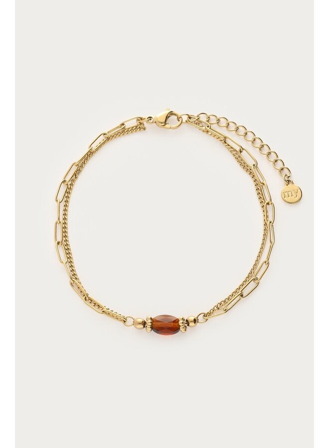 Sunrocks Dubbele Armband met Bruine Kraal Goud