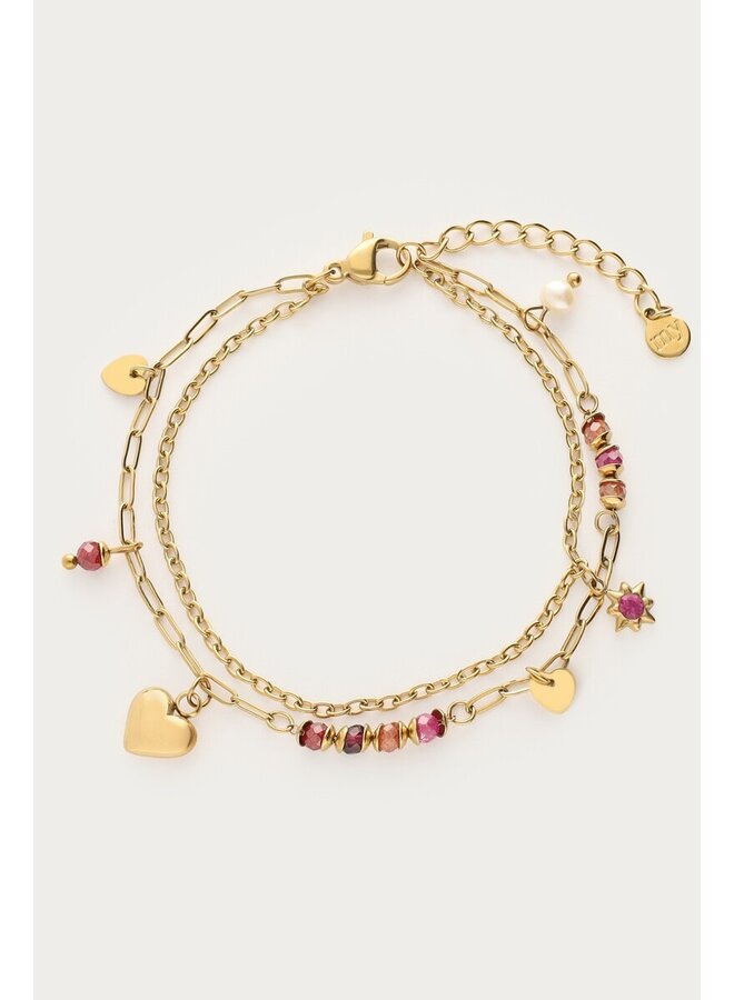 Sunrocks Dubbele Armband met Multikleur Kralen en Bedels Goud