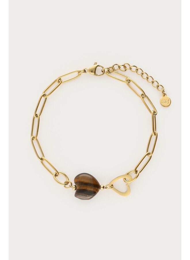 Sunrocks Schakelarmband met Bruin Hartje Goud