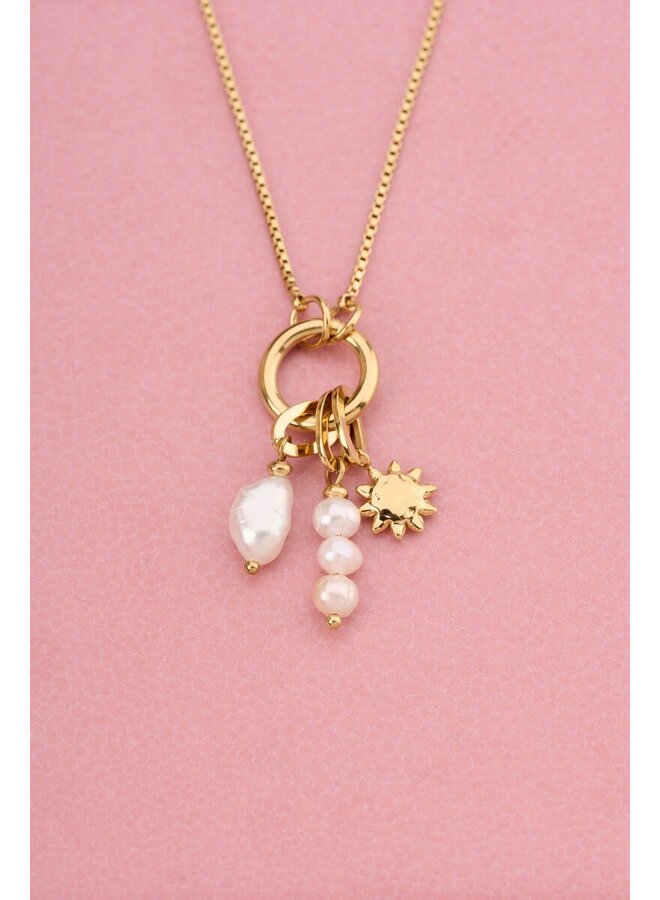 Sunrocks Ketting met Zon en Natuurlijke Parel Goud