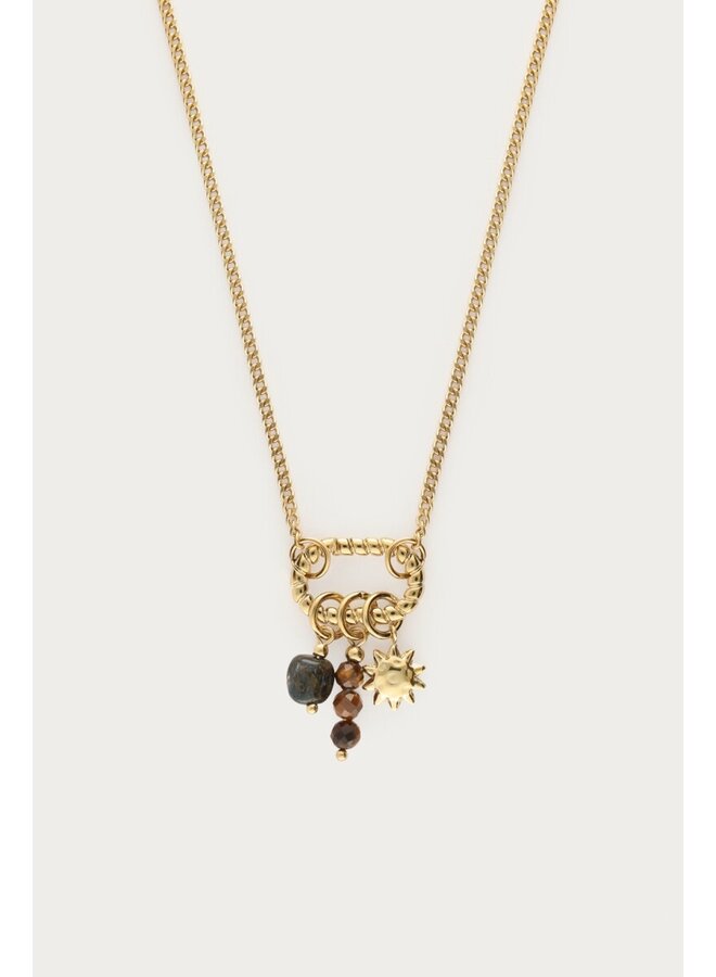 Sunrocks Ketting met Zon en Bruine Kralen Goud