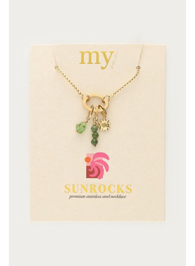Sunrocks Ketting met Zon en Groene Kralen Goud