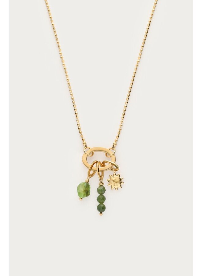 Sunrocks Ketting met Zon en Groene Kralen Goud