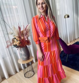 K-Design Y381 maxi jurk gestreept roze-oranje