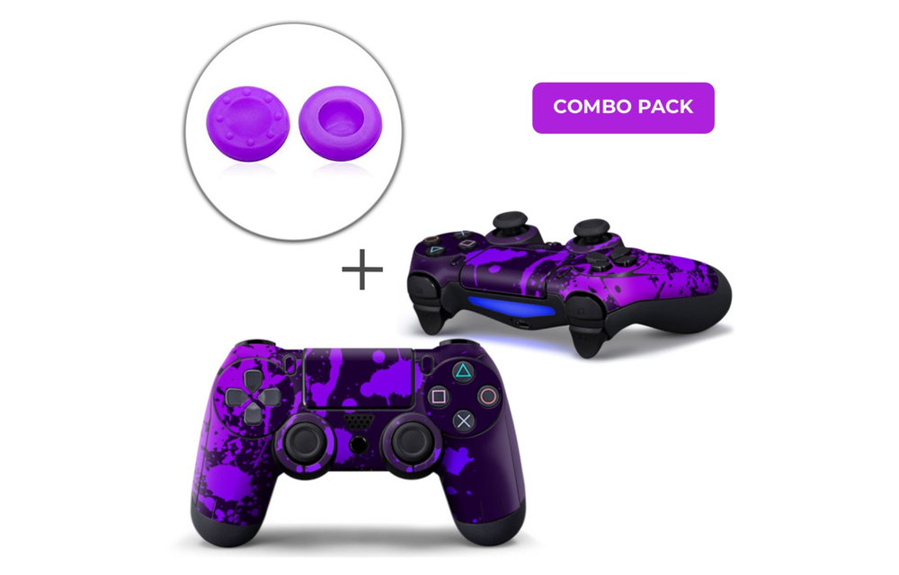 PS4 Controller Skins PlayStation Stickers + Thumb Grips Voordeelpakket - Verfspetters Paars Combo Pack