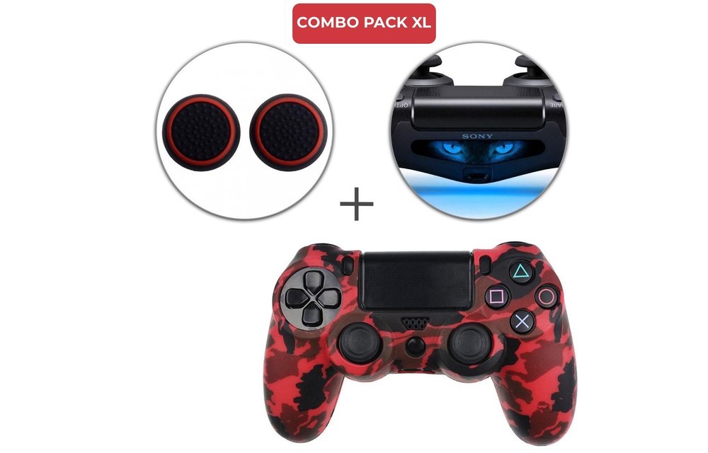 PS4 Controller Siliconen PlayStation Skins + Thumb Grips + Lightbar Skin Voordeelpakket - Camouflage Rood Combo Pack XL