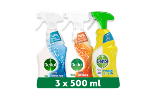 Dettol - 1,5L Allesreiniger Spray Power & Fresh - Badkamer 1x500 ml Keuken 1x500ml Citrus 1x500ml - Voordeelverpakking