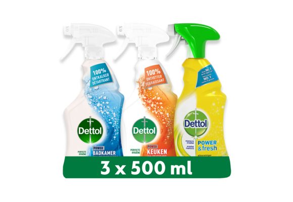 Dettol - 1,5L Allesreiniger Spray Power & Fresh - Badkamer 1x500 ml Keuken 1x500ml Citrus 1x500ml - Voordeelverpakking