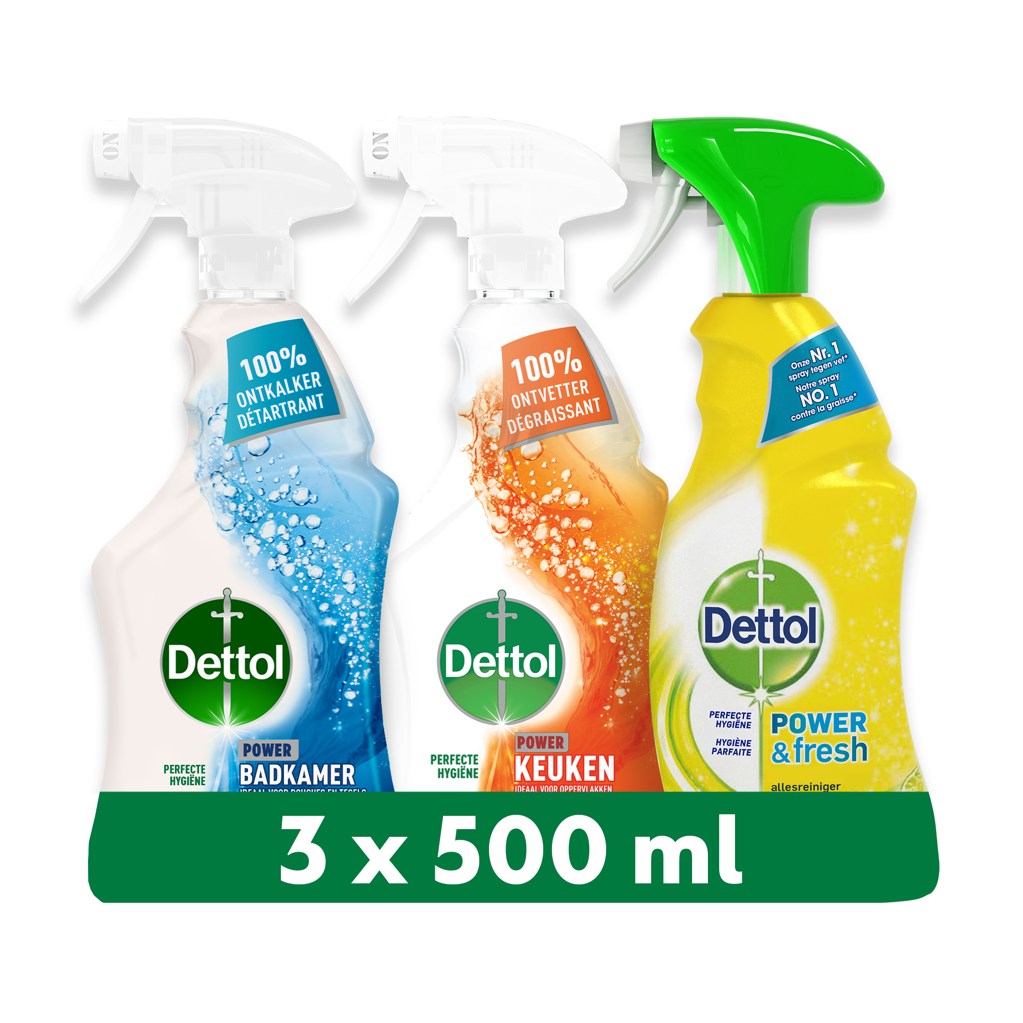 Dettol - 1,5L Allesreiniger Spray Power & - Badkamer 1x500 ml Keuken 1x500ml 1x500ml - Voordeelverpakking MijnDrogist.nl