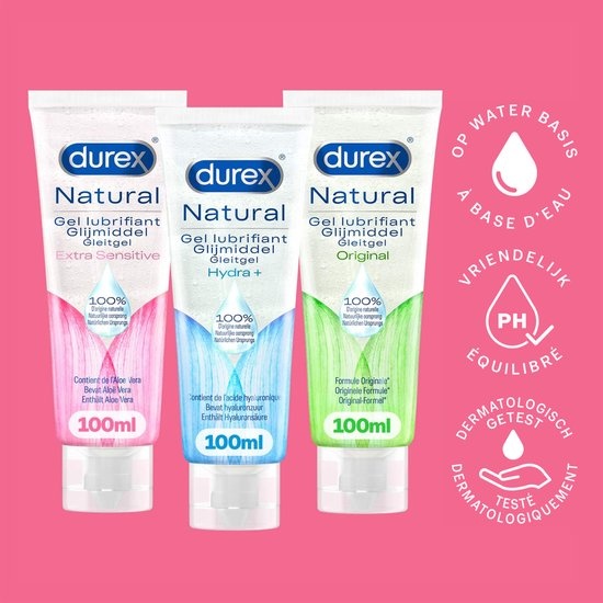 Durex - 3 Glijmiddelen - Voor Comfort En Genot - Waterbasis - Natural 100% natuurlijk 100 ml - Natural Hydraterend 100 ml - Natural Extra Sensitive 100 ml