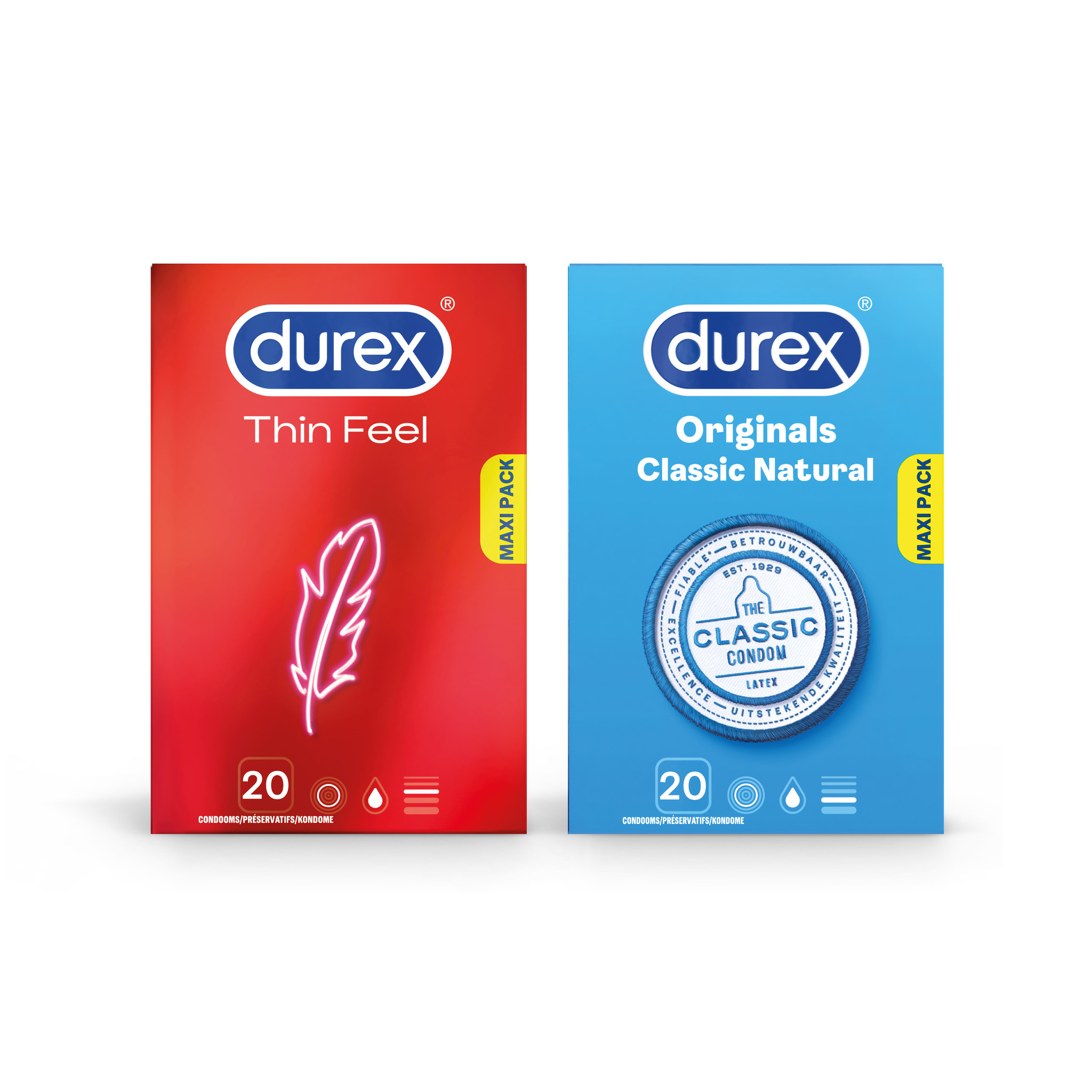 Durex - 40 stuks Condooms - Thin Feel 1x20 stuks - Classic Natural 1x20 stuks - Voordeelverpakking