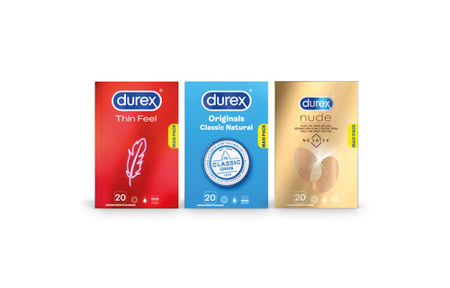 Durex - 60 stuks Condooms - Thin Feel 1x20 stuks - Classic Natural 1x20 stuks - Nude No Latex 1x20 stuks - Voordeelverpakking