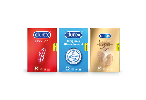 Durex - 60 stuks Condooms - Thin Feel 1x20 stuks - Classic Natural 1x20 stuks - Nude No Latex 1x20 stuks - Voordeelverpakking