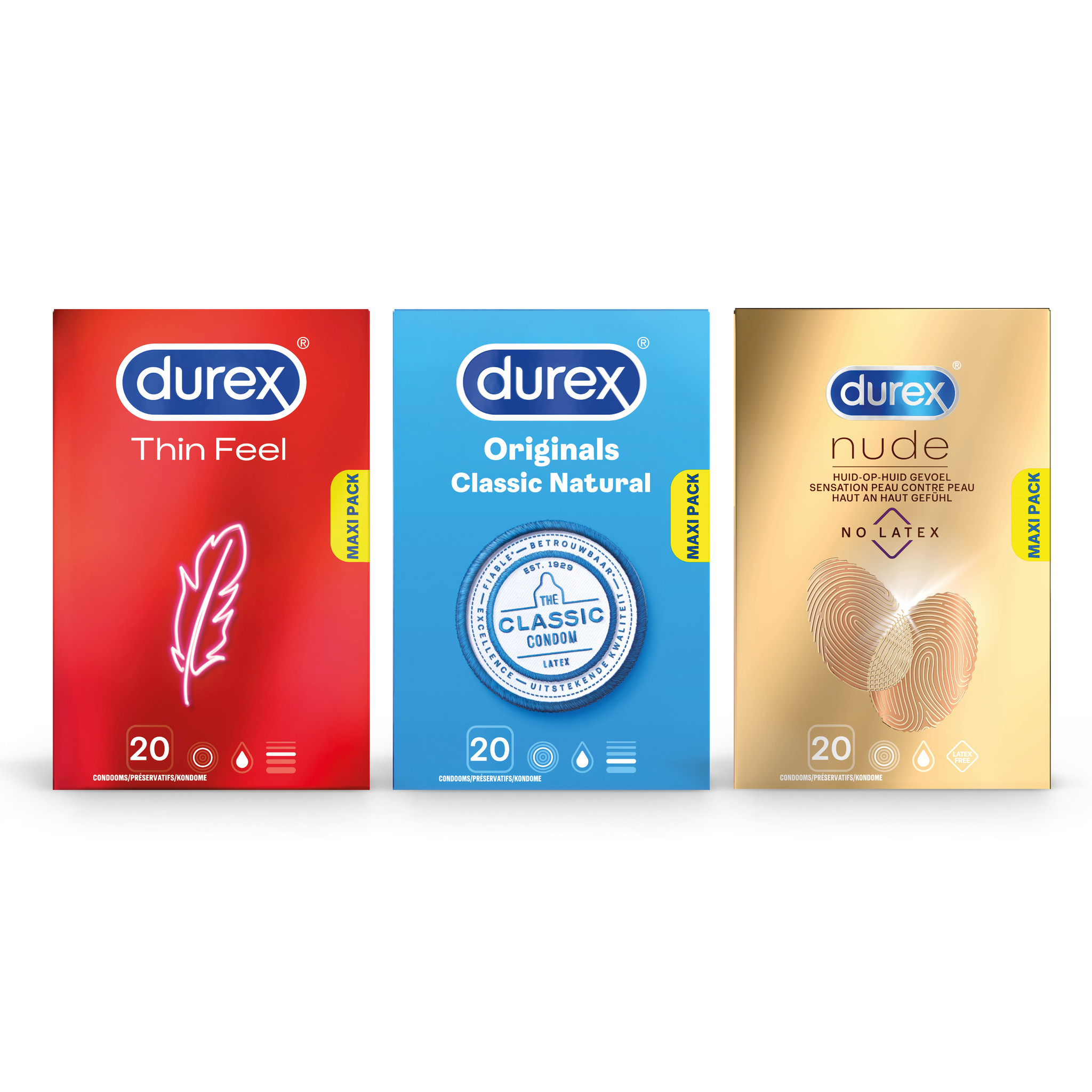Durex - 60 stuks Condooms - Thin Feel 1x20 stuks - Classic Natural 1x20 stuks - Nude No Latex 1x20 stuks - Voordeelverpakking