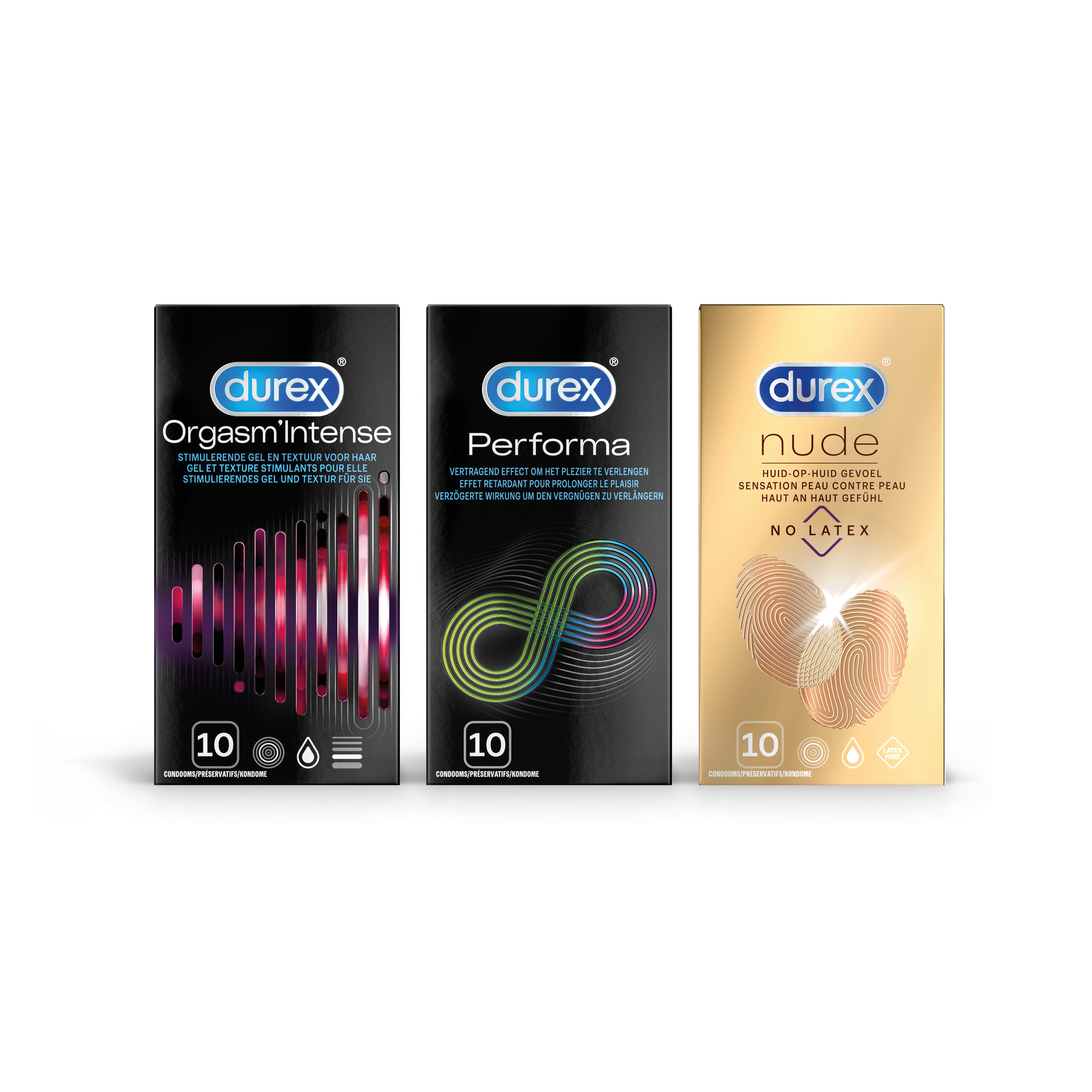 Durex - 30 stuks Condooms - Orgasm Intense 1x10 stuks - Performa 1x10 stuks - Nude No Latex 1x10 stuks - Voordeelverpakking
