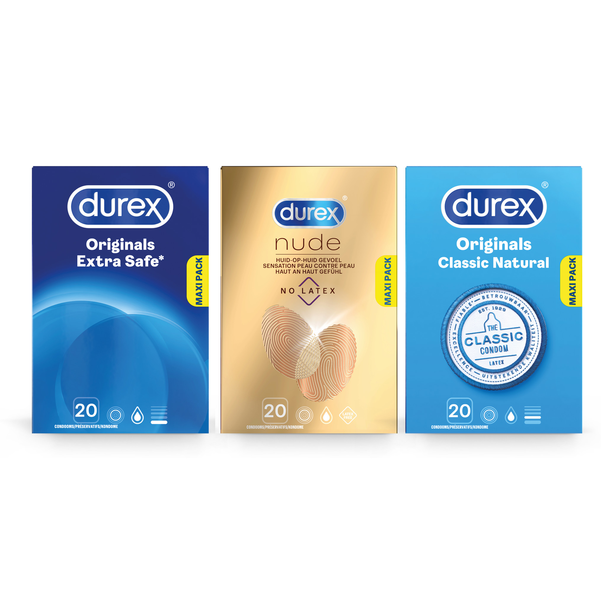 Durex - 60 stuks Condooms - Extra Safe 1x20 stuks - Nude No Latex 1x20 stuks - Classic Natural 1x20 stuks - Voordeelverpakking