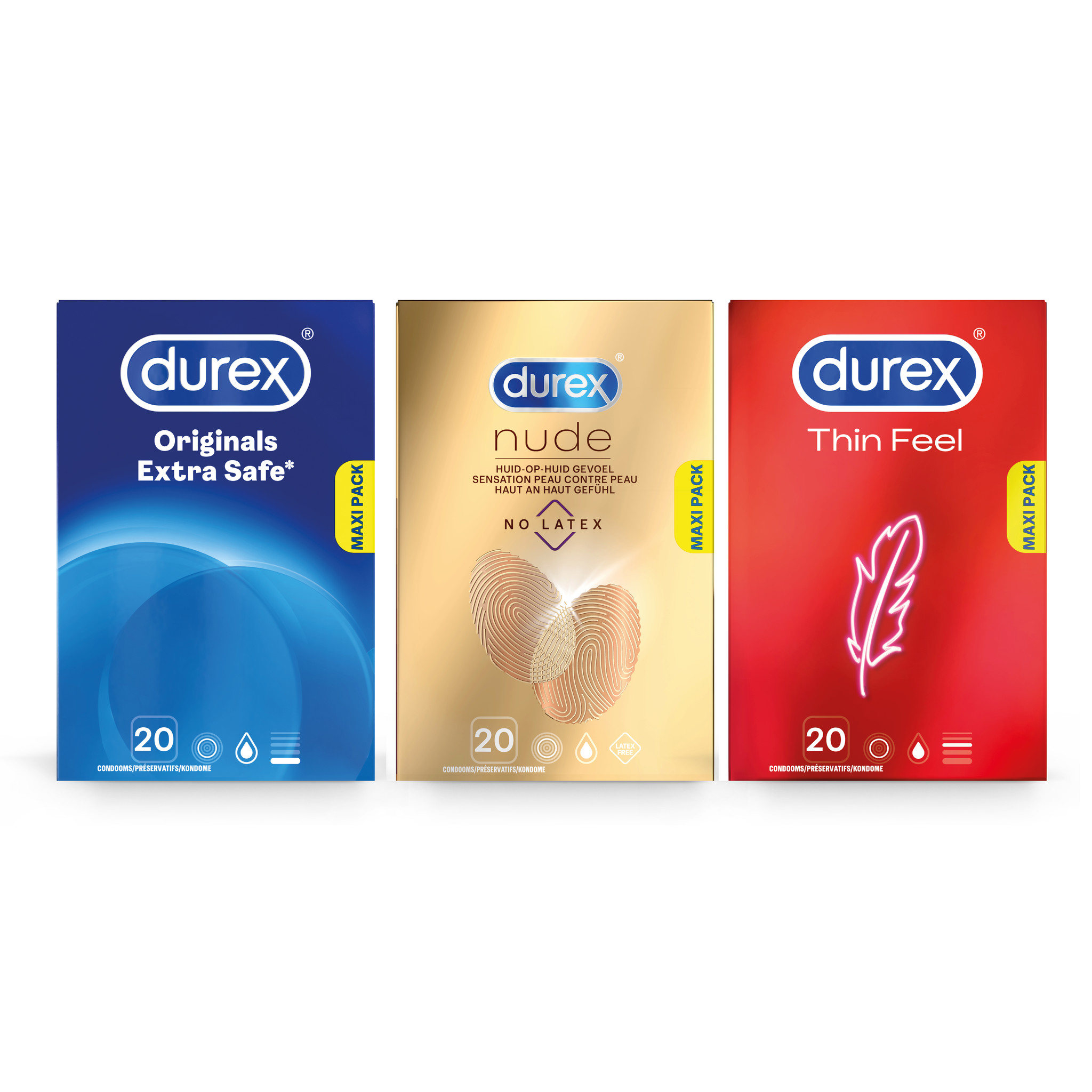 Durex - 60 stuks Condooms - Extra Safe 1x20 stuks - Nude No Latex 1x20 stuks - Thin Feel 1x20 stuks - Voordeelverpakking