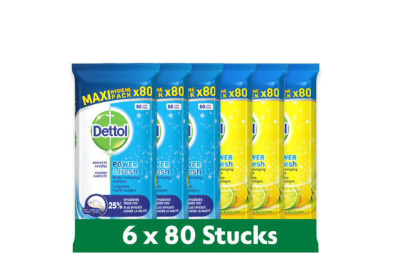 Dettol - 480 Schoonmaakdoekjes Power & Fresh - Oceaan 3x80 stuks - Citrus 3x80 stuks - Voordeelverpakking