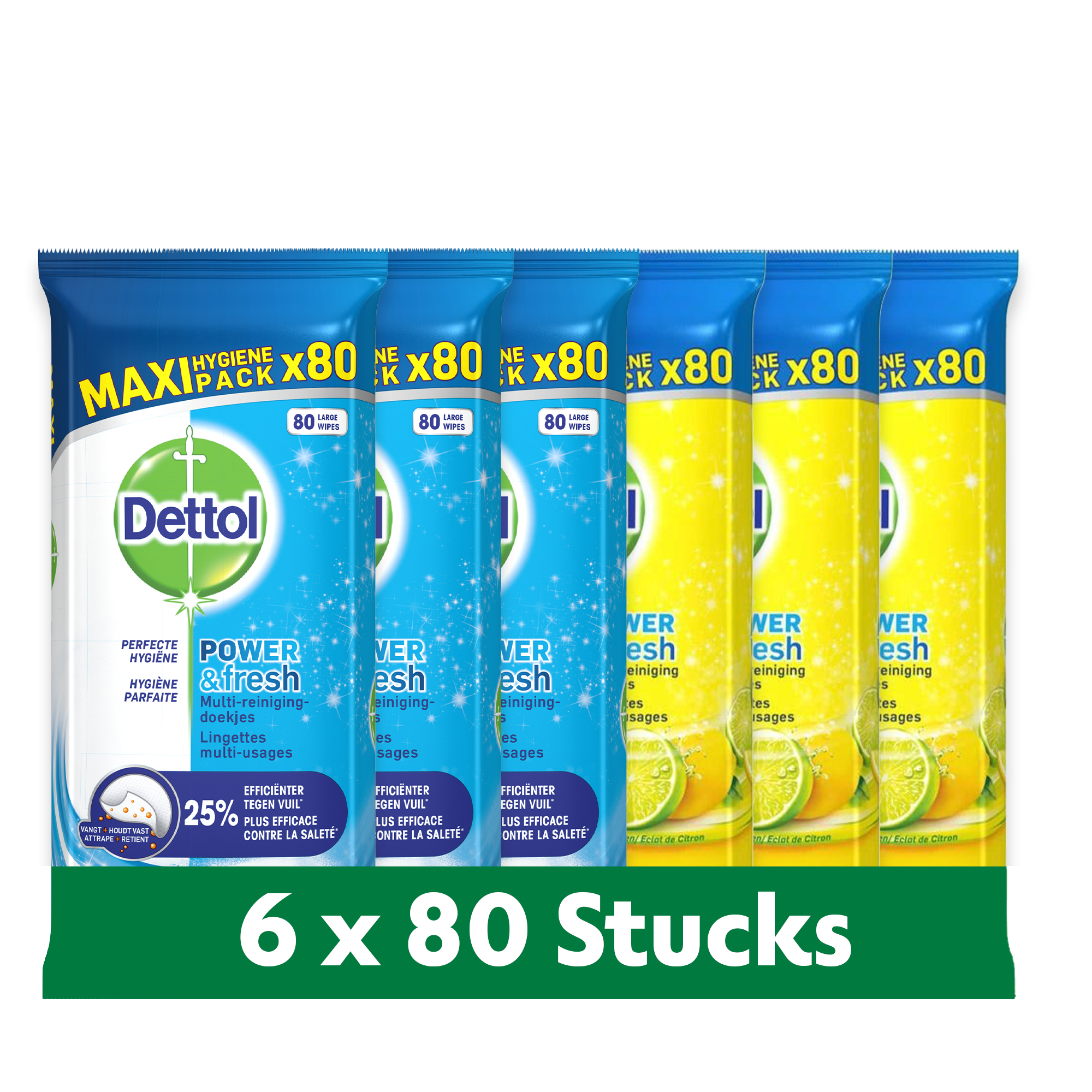 Dettol - 480 Schoonmaakdoekjes Power & Fresh - Oceaan 3x80 stuks - Citrus 3x80 stuks - Voordeelverpakking