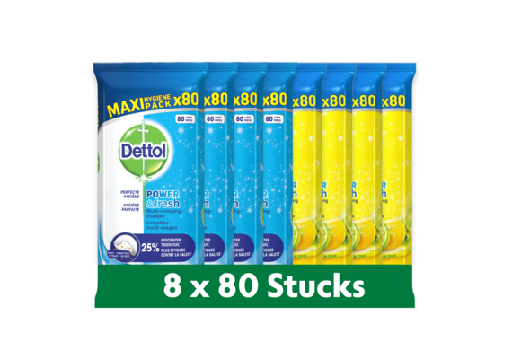 Dettol - 640 Schoonmaakdoekjes Power & Fresh - Oceaan 4x80 stuks - Citrus 4x80 stuks - Voordeelverpakking