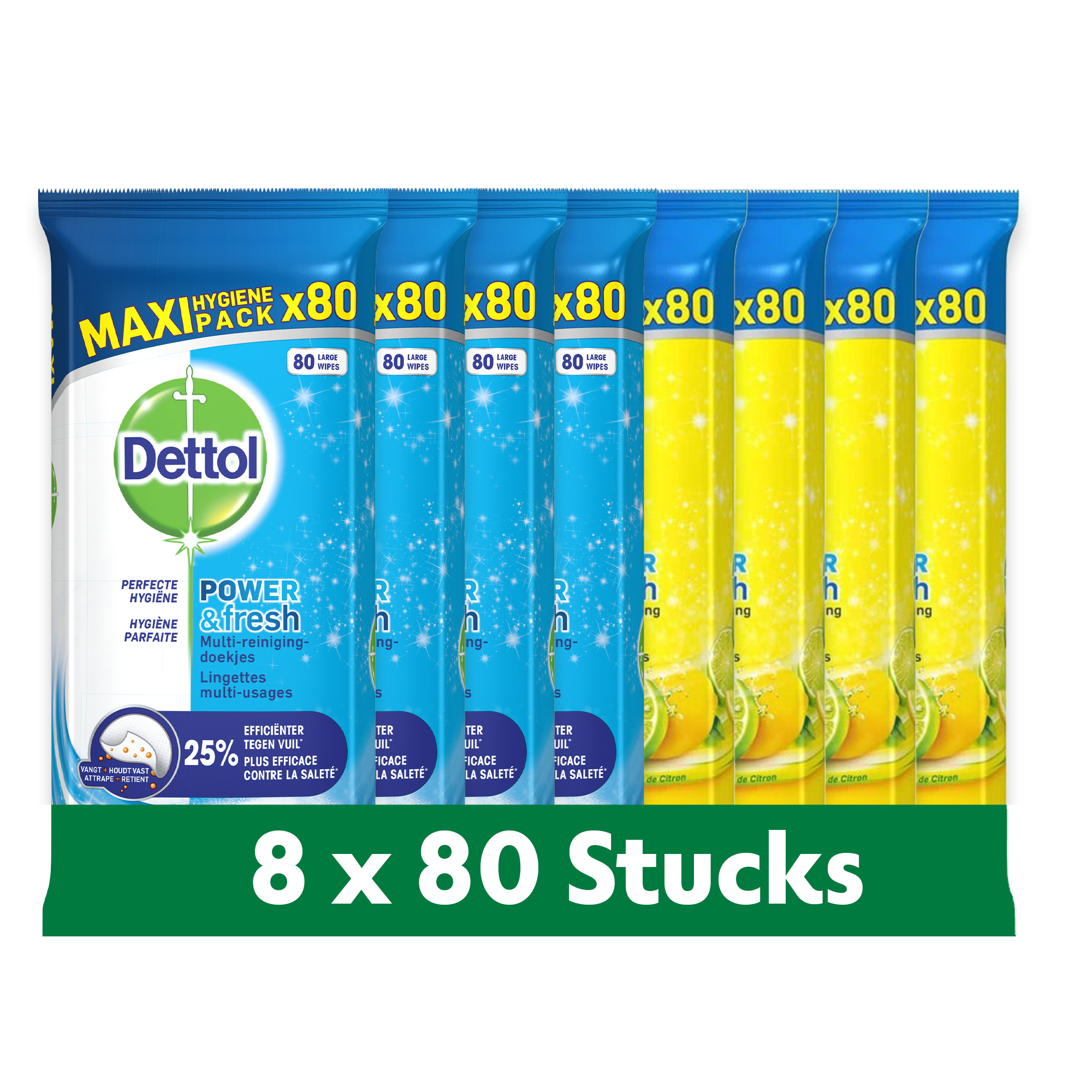 Dettol - 640 Schoonmaakdoekjes Power & Fresh - Oceaan 4x80 stuks - Citrus 4x80 stuks - Voordeelverpakking
