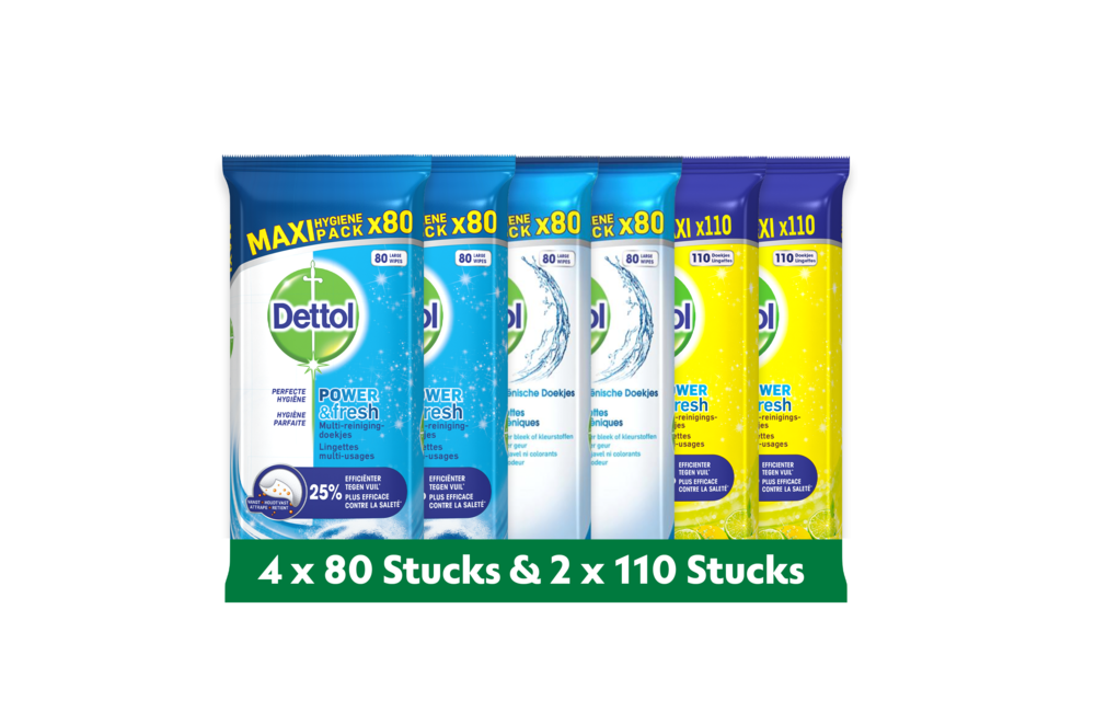 Dettol - 480 Schoonmaakdoekjes Power & Fresh - Oceaan 2x80 stuks - Hygiënische 3x80 stuks - Voordeelverpakking