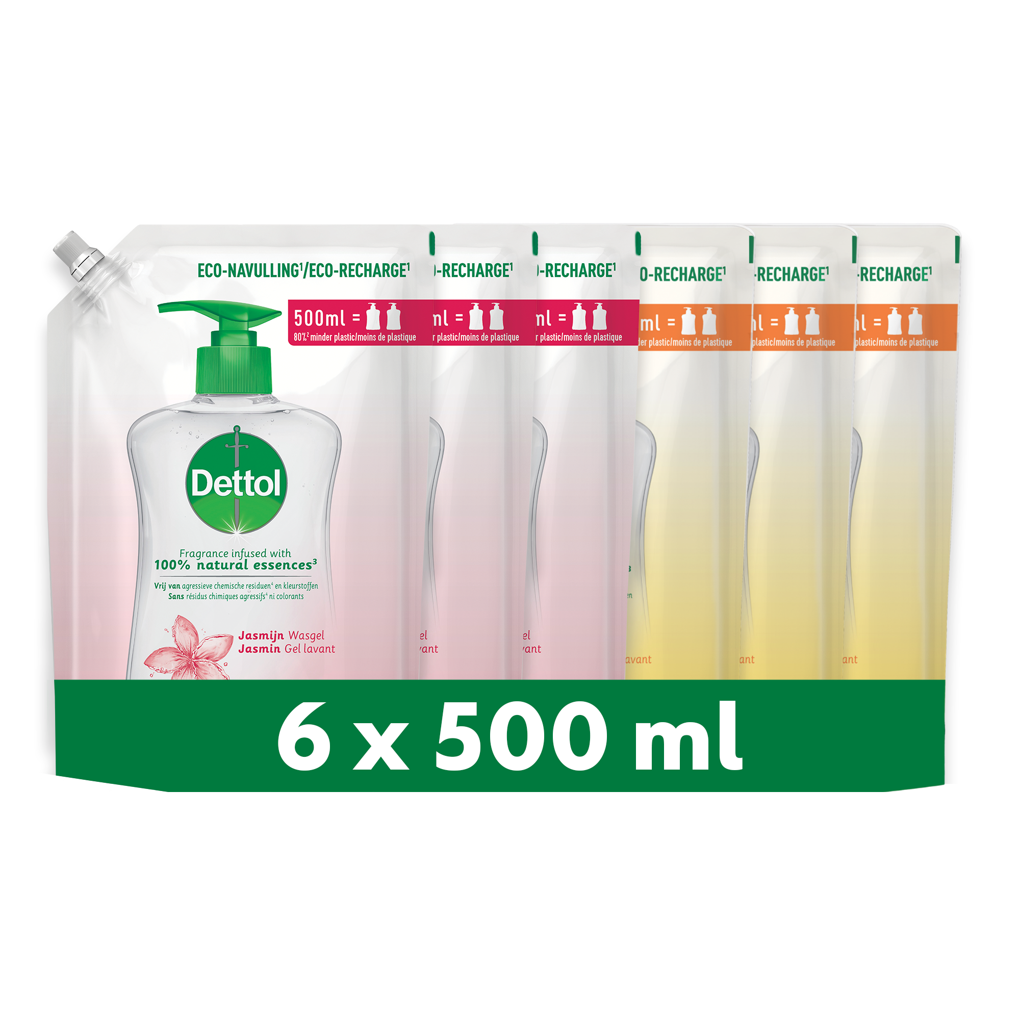 Dettol - 3L Handzeep Navulling - Antibacterieel - Jasmijn 3x500ml - Citrus 3x500ml - Voordeelverpakking