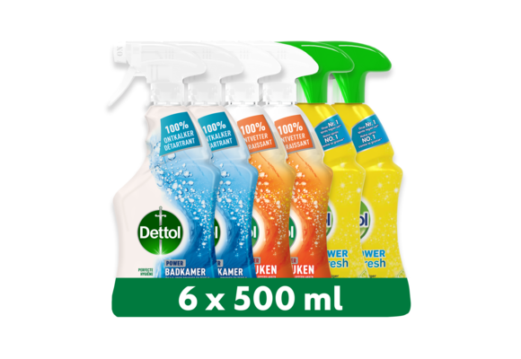 Dettol - 3L Allesreiniger Spray Power & Fresh - Badkamer 2x500ml - Keuken 2x500ml - Citrus 500ml - Voordeelverpakking