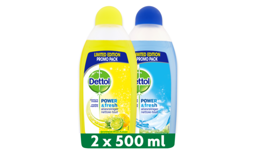 Dettol - 1L Allesreiniger Power & Fresh - Citrus 1x500ml - Katoenfris 1x500ml - Voordeelverpakking