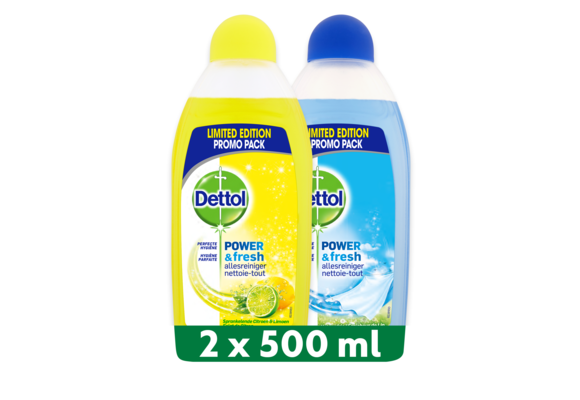 Dettol - 1L Allesreiniger Power & Fresh - Citrus 1x500ml - Katoenfris 1x500ml - Voordeelverpakking
