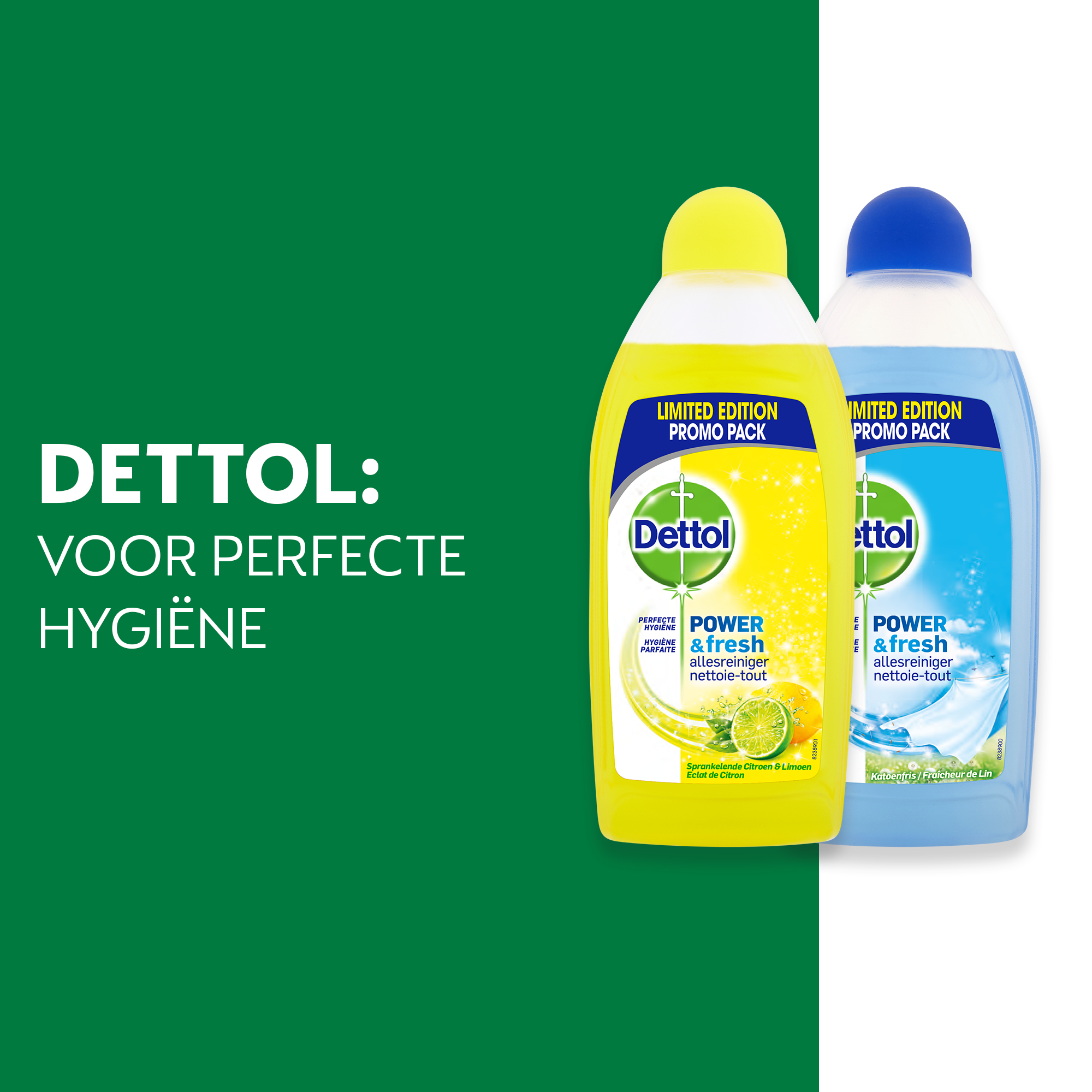 Dettol - 1L Allesreiniger Power & Fresh - Citrus 1x500ml - Katoenfris 1x500ml - Voordeelverpakking
