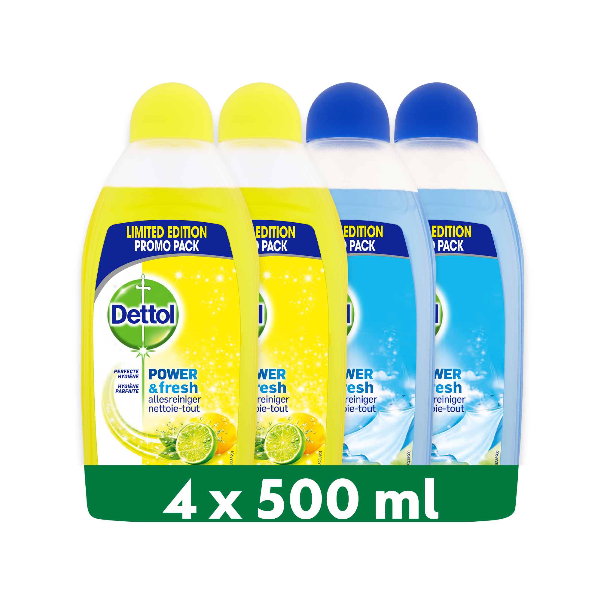 Dettol - 2L Allesreiniger Power & Fresh - Citrus 1x500ml - Katoenfris 1x500ml - Voordeelverpakking