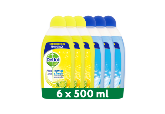 Dettol - 3L Allesreiniger Power & Fresh - Citrus 1x500ml - Katoenfris 1x500ml - Voordeelverpakking