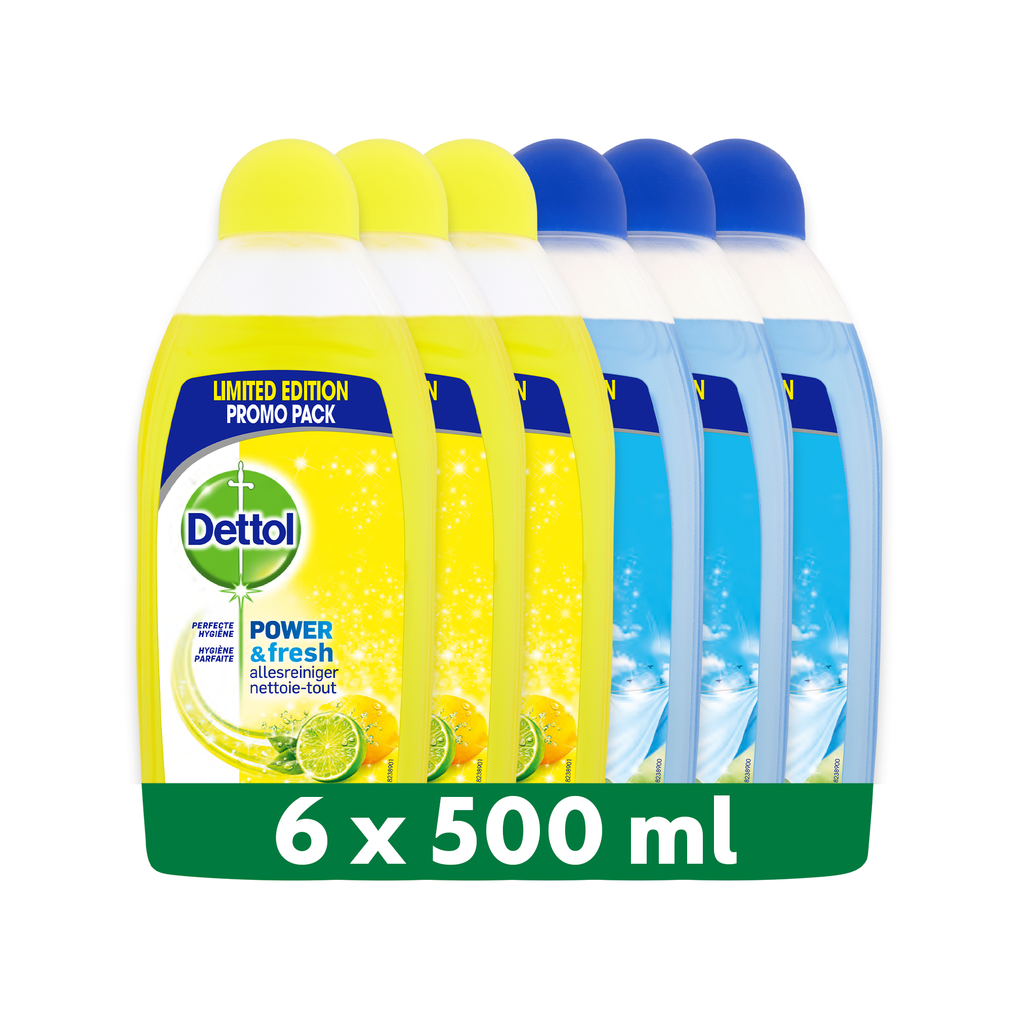 Dettol - 3L Allesreiniger Power & Fresh - Citrus 1x500ml - Katoenfris 1x500ml - Voordeelverpakking