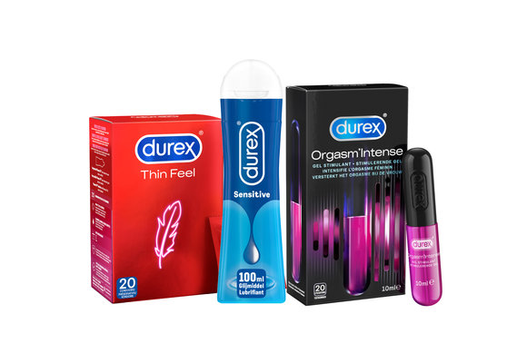Durex - 20 stuks Condooms - Thin Feel - 110ml Glijmiddel - Play Sensitive 100ml - Orgasm intense 10ml - Voordeelverpakking