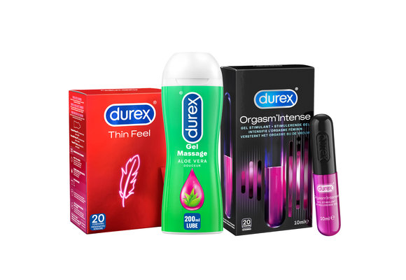 Durex - 210ml Glijmiddel - Play Massage 2/1 Aloe 200ml - Intense Orgasm 10ml - 20 stuks Condooms - Thin Feel - Voordeelverpakking