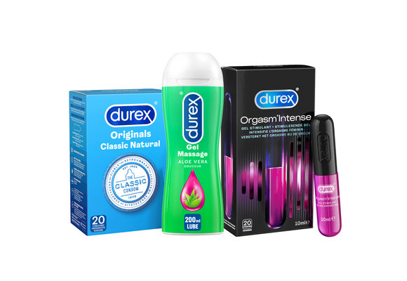 Durex - 210ml Glijmiddel - Play Massage 2/1 Aloe 200ml - Intense Orgasm 10ml - 20 stuks Condooms - Classic Natural - Voordeelverpakking