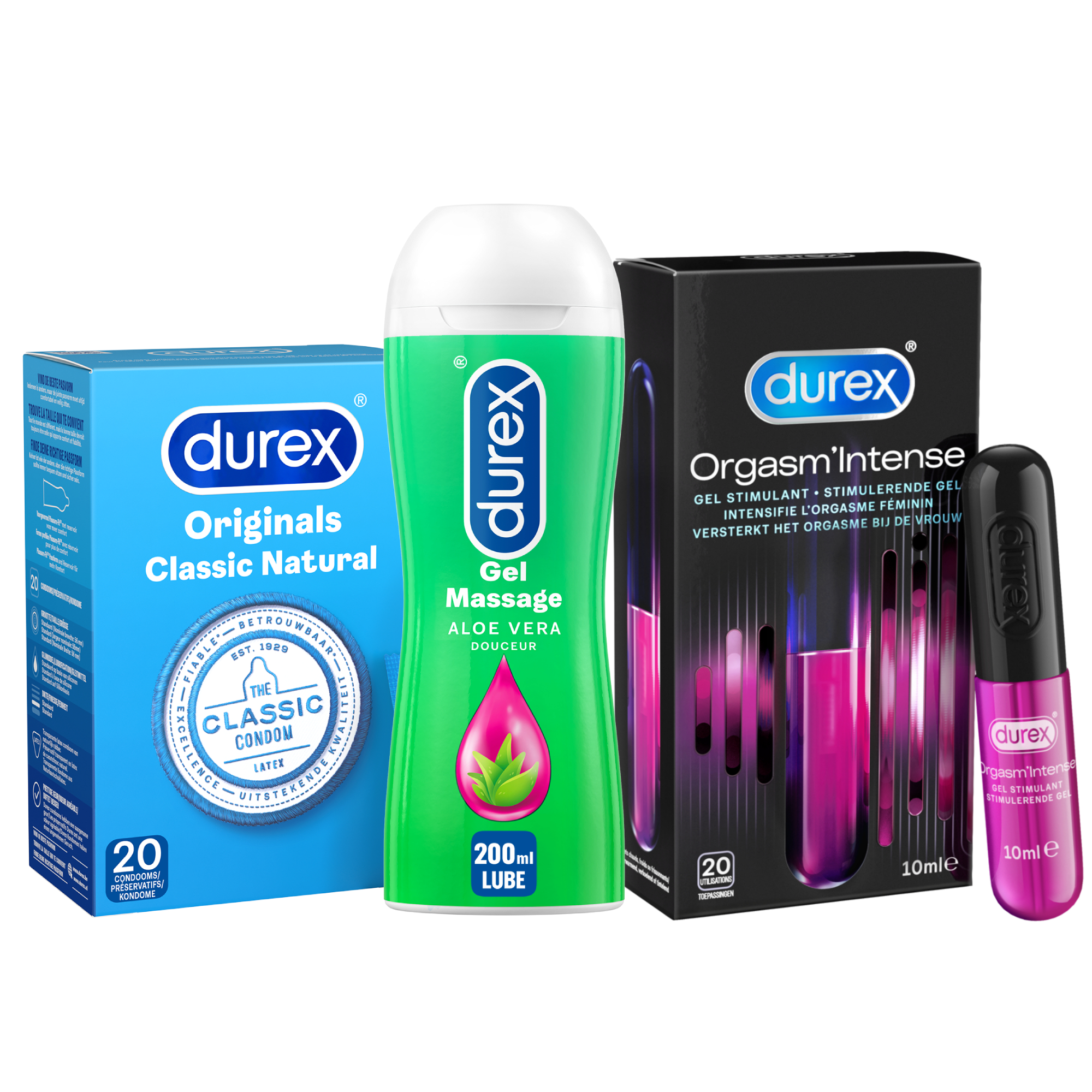 Durex - 210ml Glijmiddel - Play Massage 2/1 Aloe 200ml - Intense Orgasm 10ml - 20 stuks Condooms - Classic Natural - Voordeelverpakking