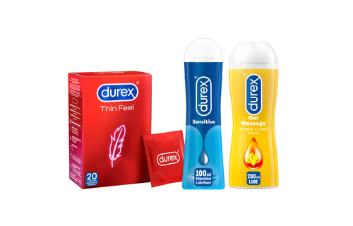 Durex - 300ml Glijmiddel - Play Massage 2/1 Sensitive 200ml - Sensitive Gel 100ml - 20 stuks Condooms - Thin Feel - Voordeelverpakking