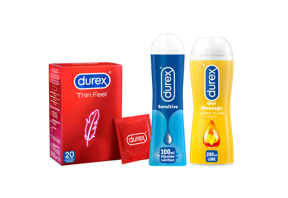 Durex - 300ml Glijmiddel - Play Massage 2/1 Sensitive 200ml - Sensitive Gel 100ml - 20 stuks Condooms - Thin Feel - Voordeelverpakking