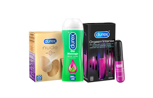 Durex - 20 stuks Condooms - Nude No Latex - 210ml Glijmiddel - Massage 2/1 Aloe 200ml - Intense Orgasm 10ml - Voordeelverpakking