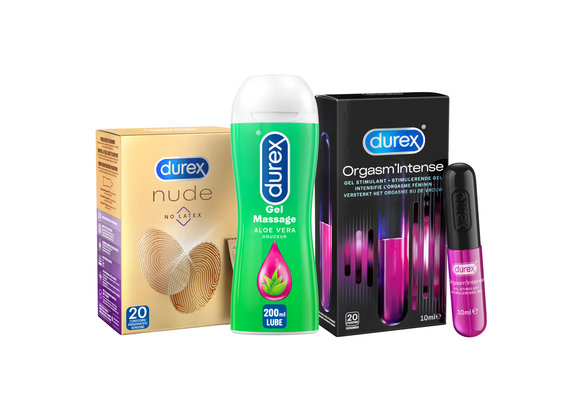 Durex - 20 stuks Condooms - Nude No Latex - 210ml Glijmiddel - Massage 2/1 Aloe 200ml - Intense Orgasm 10ml - Voordeelverpakking
