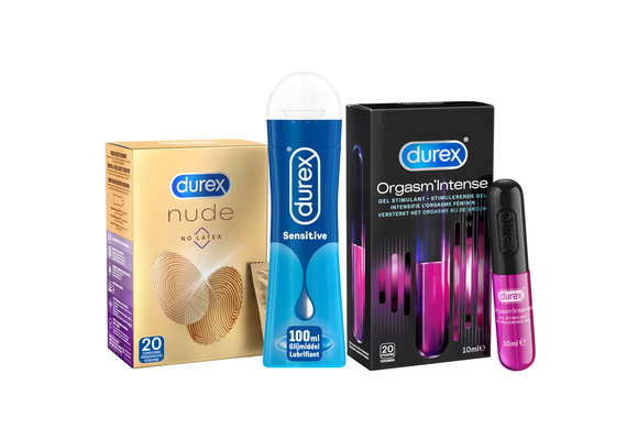 Durex - 20 stuks Condooms - Nude No Latex - 110ml Glijmiddel - Play Sensitive 100ml - Intense Orgasm 10ml - Voordeelverpakking
